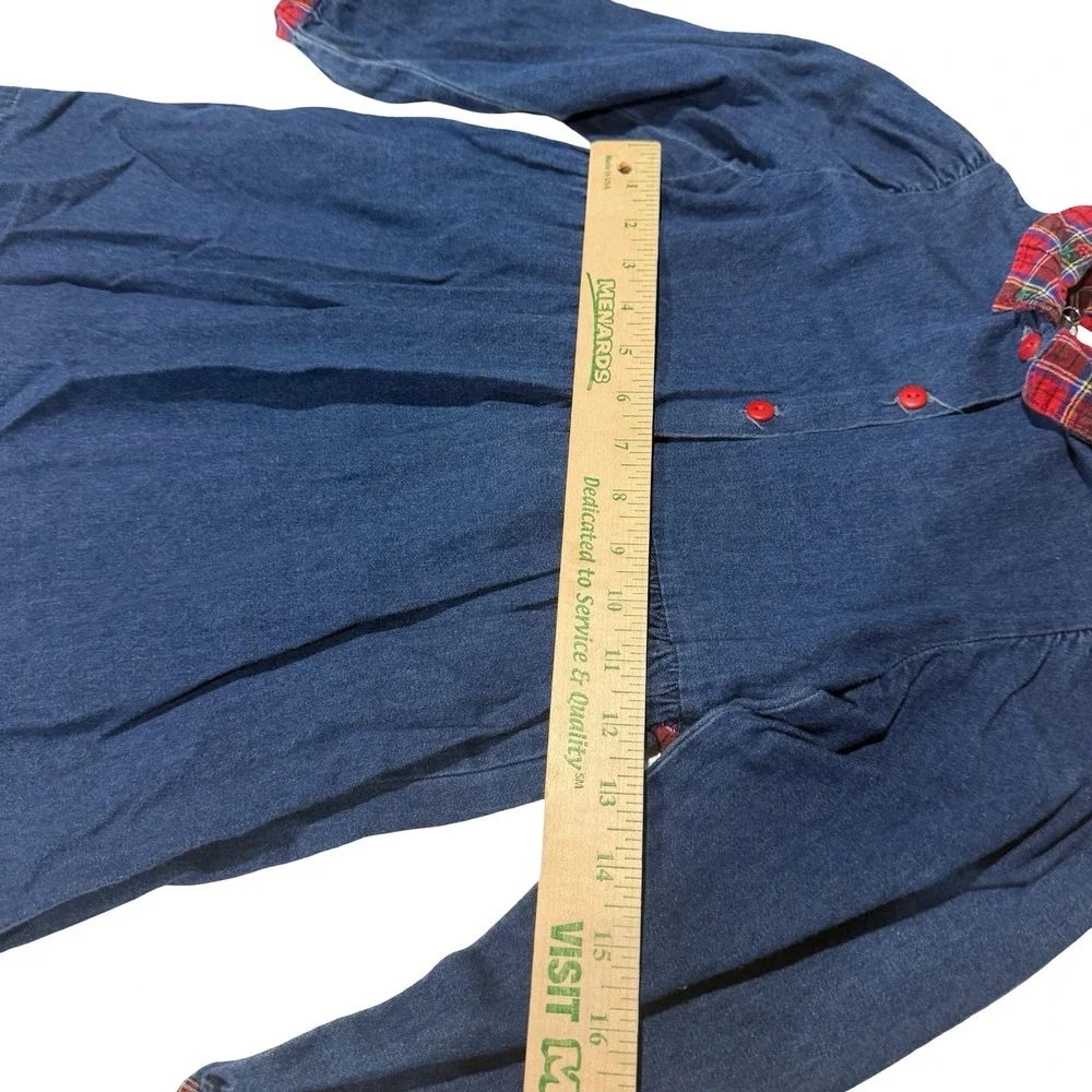 Vintage OshKosh B'gosh Girls Denim Dress Plaid Trim Made in USA Size 6 Blue Red‎
